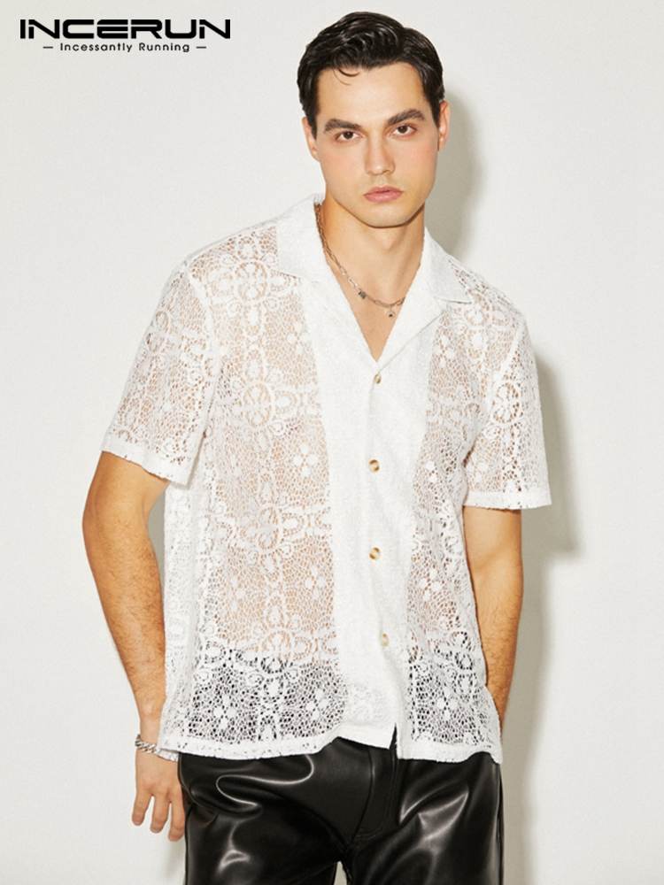INCERUN 남자 메쉬 셔츠 투명 옷깃 짧은 소매 Streetwear 2022 세련 된 Camisas 섹시 한 단추 파티 나이트 클럽 셔츠 S-5XL